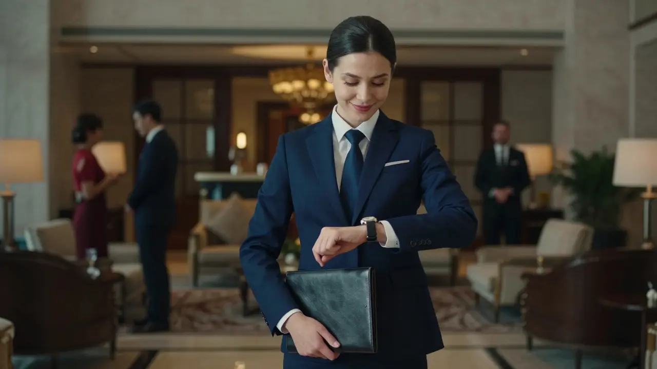 A professionally dressed woman in a navy suit standing confidently in a high-end hotel lobby.