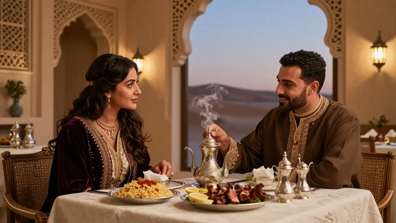 A refined Emirati dinner at Emirates Palace, with traditional dishes and soft lighting creating an intimate atmosphere.