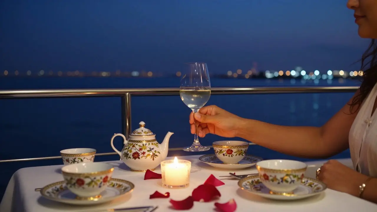 A romantic yacht dinner at twilight with candlelight, rose petals, and a gentle touch between two people.