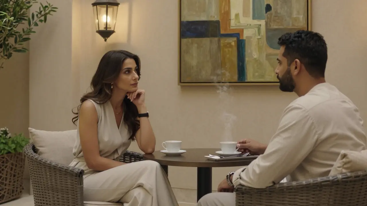 A serene garden lounge scene in Abu Dhabi with two people in quiet companionship, lit by soft lantern glow.