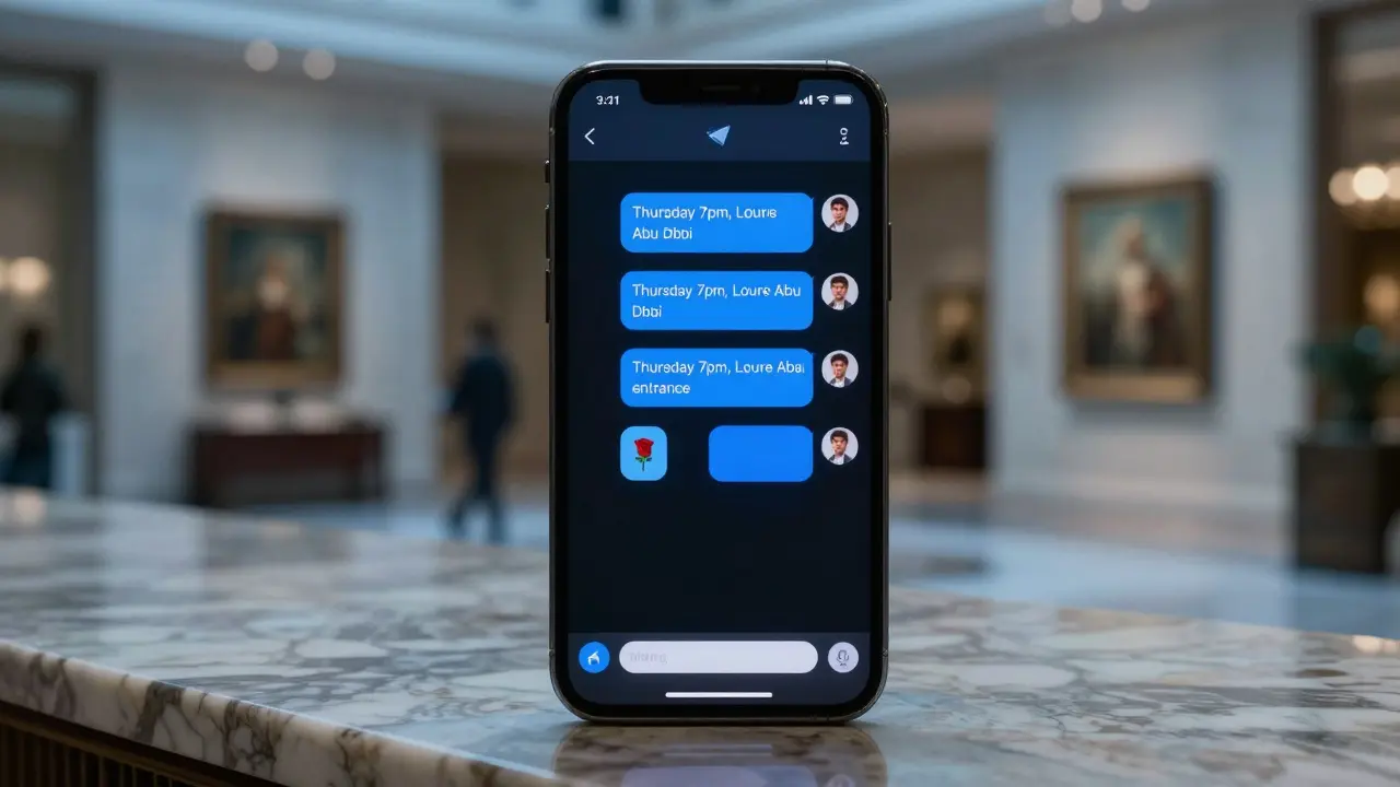 A smartphone showing an encrypted message about meeting at a museum, placed on a hotel lobby counter.
