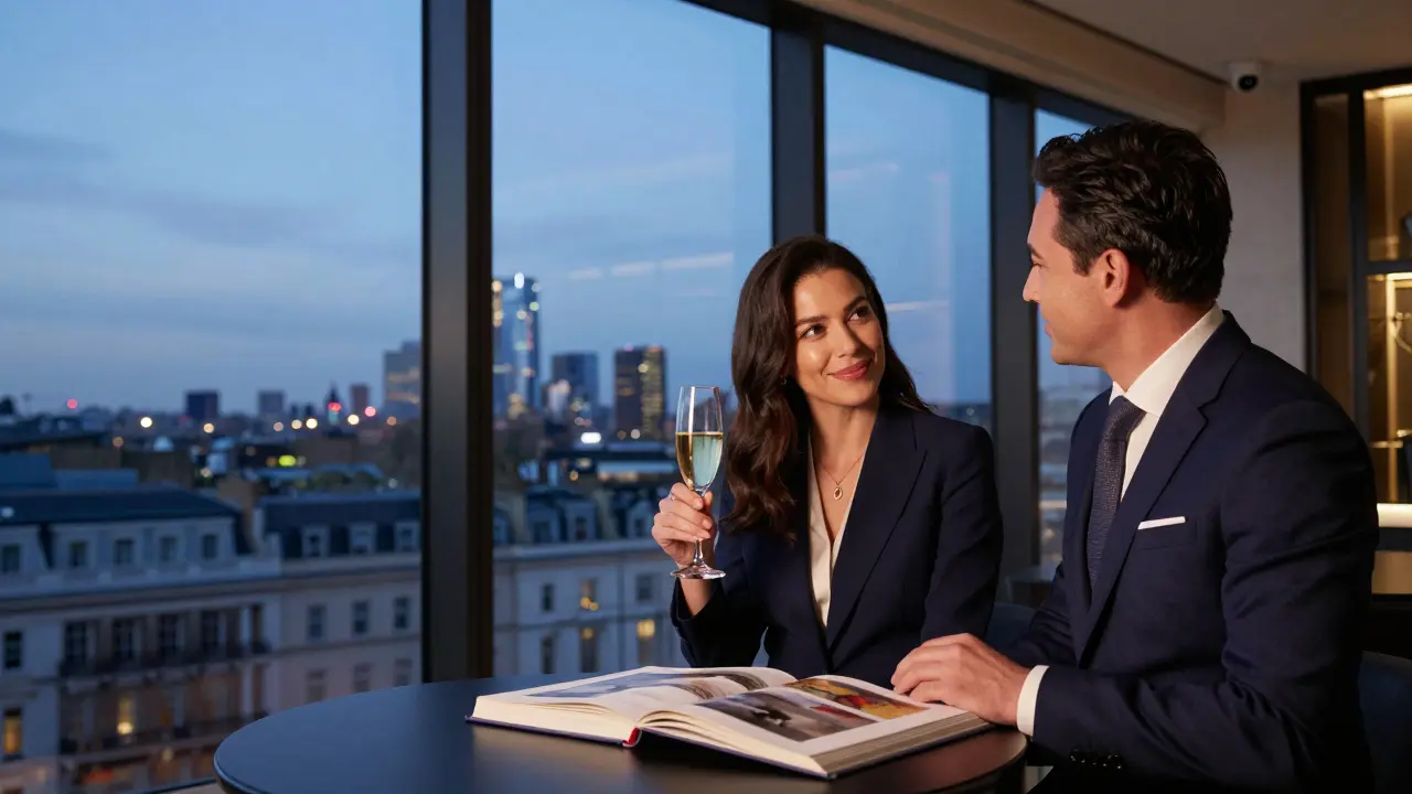 A sophisticated couple in a luxury penthouse, art book open on the table.
