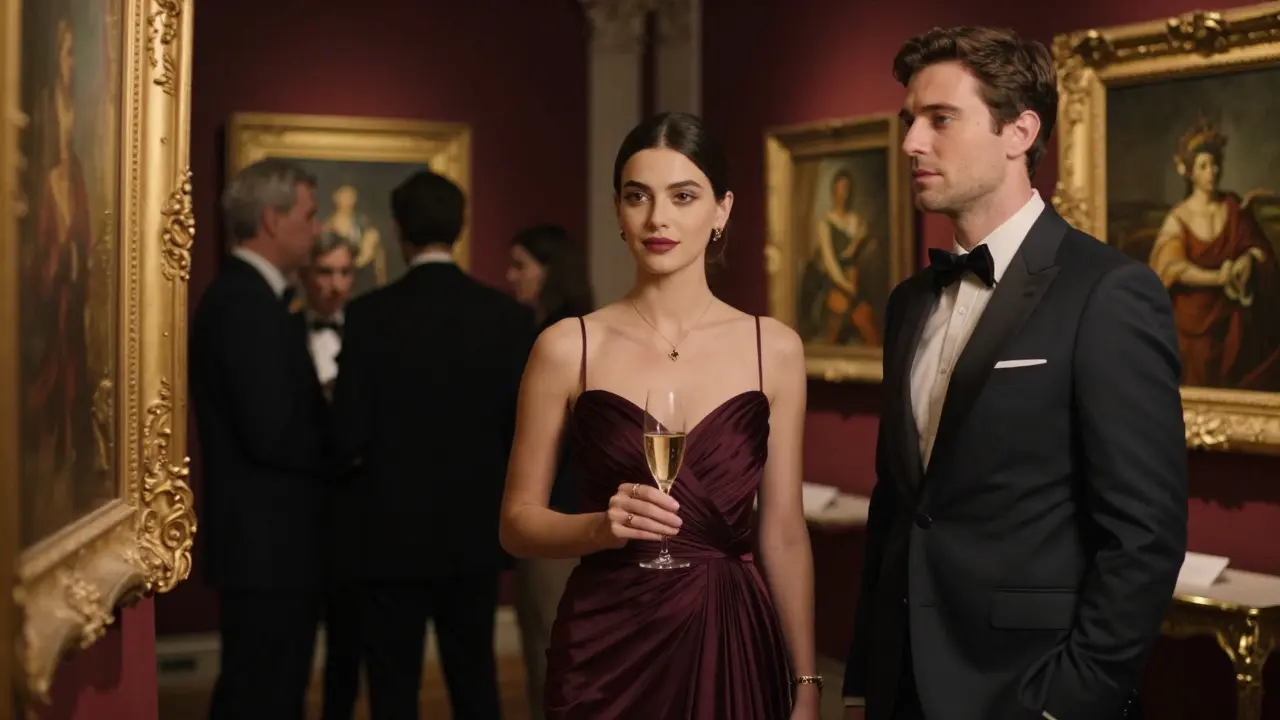 A sophisticated woman in an evening gown holding champagne at a private art auction in Paris.