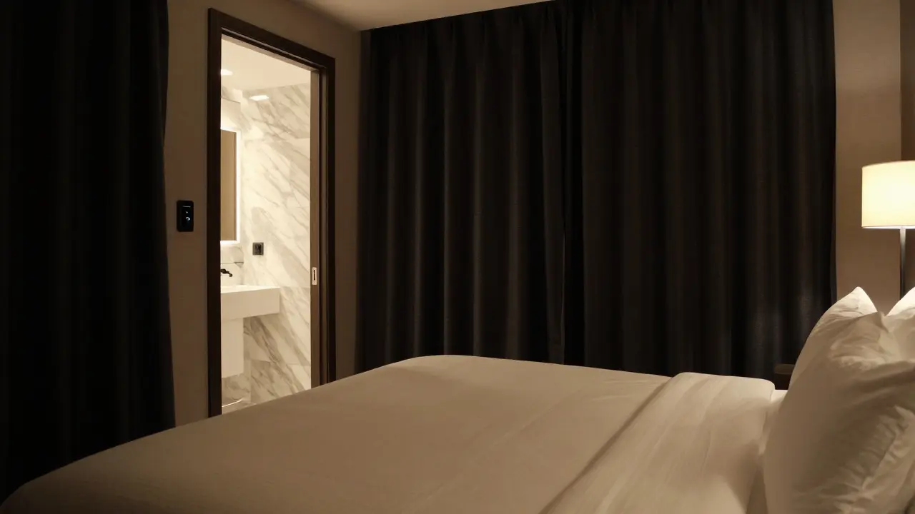 A soundproofed hotel room at night with blackout curtains and heated marble bathroom.