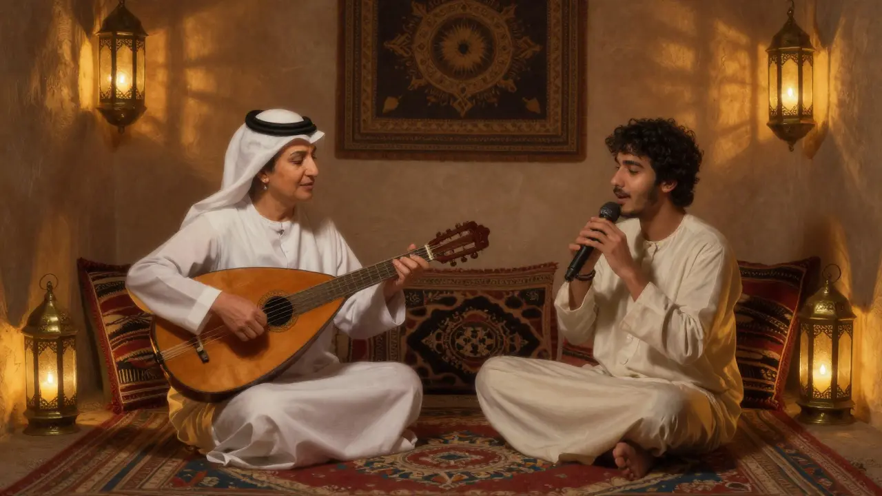A traditional Emirati folk song being sung beside an oud player in a softly lit, culturally rich room.