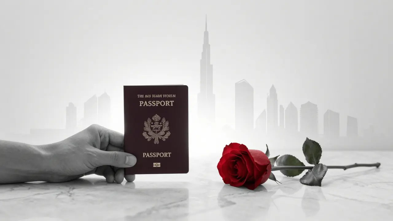 A verified passport and a single rose on marble, symbolizing legitimacy and elegance in Abu Dhabi.