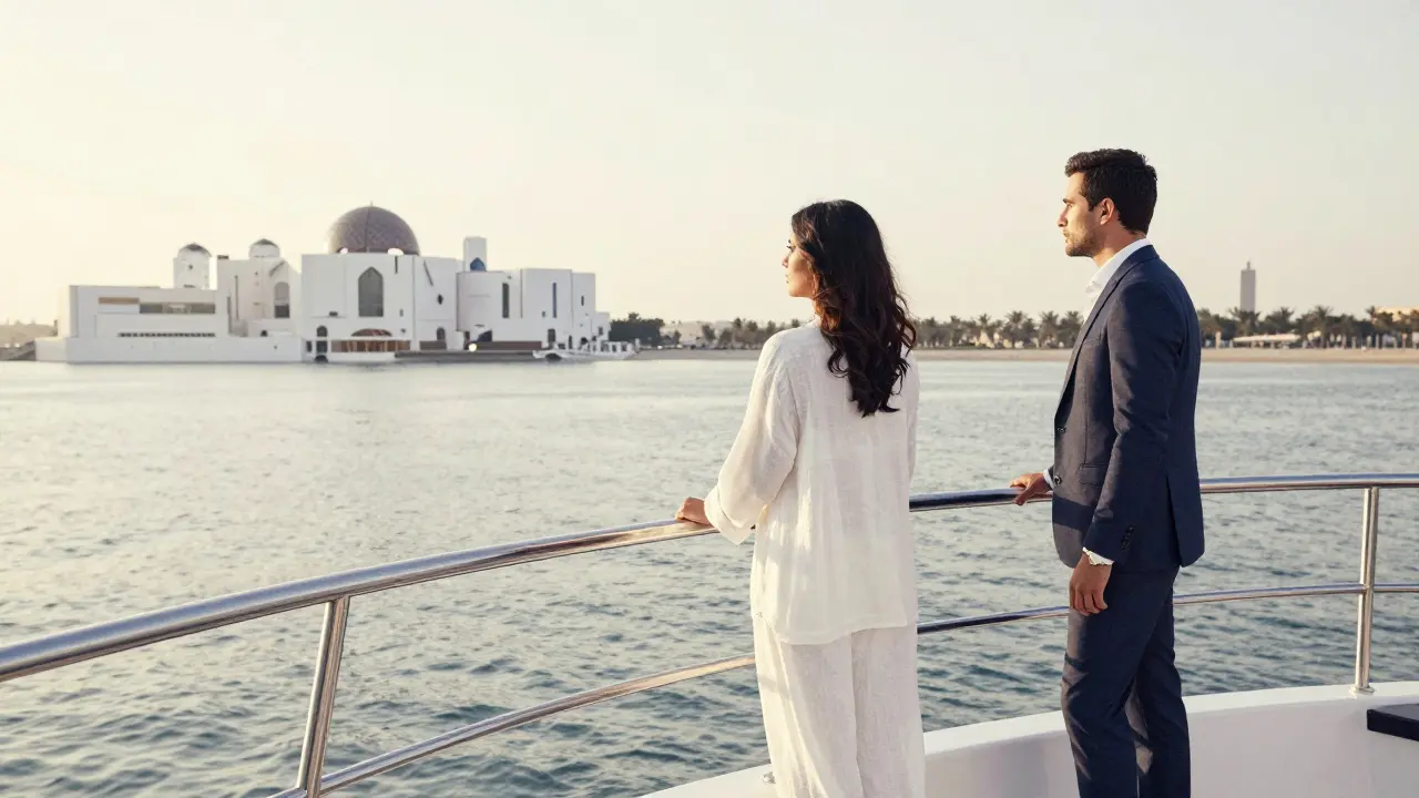 A woman and man stand peacefully on a private yacht at dawn, overlooking Abu Dhabi's skyline, engaged in thoughtful silence.