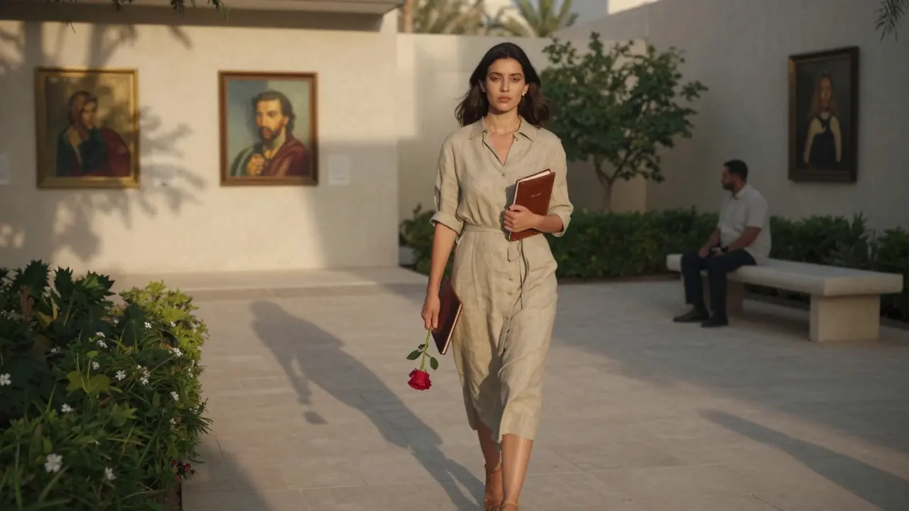 A woman walking through a private garden in Abu Dhabi, holding a rose and notebook, at dusk.