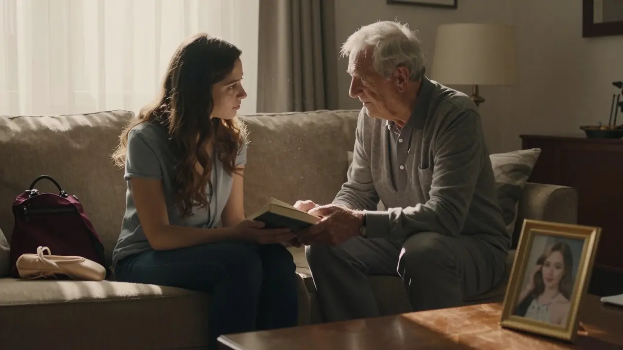 An elderly man giving a book to a young woman in a sunlit apartment, symbolizing emotional connection without romance.