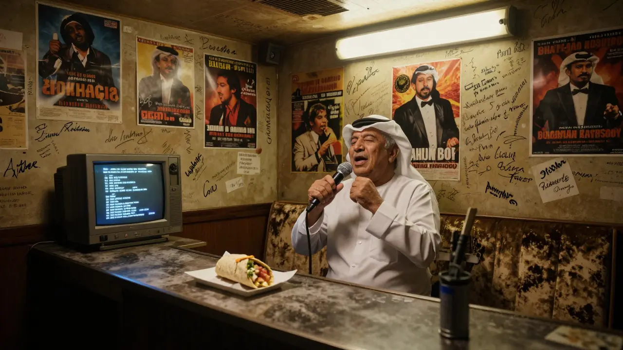 An elderly man passionately singing 'Bohemian Rhapsody' in a no-frills 24-hour karaoke booth.