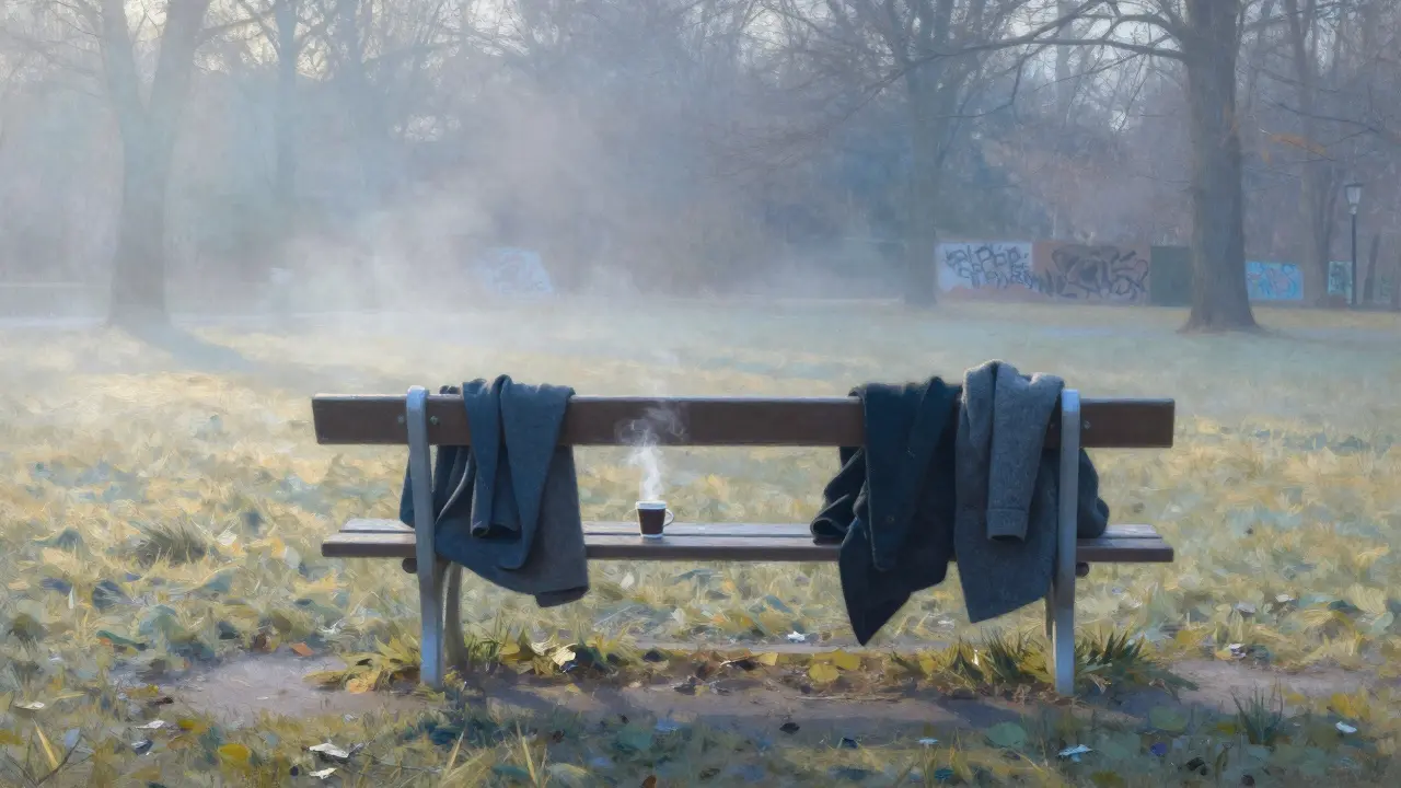 An empty park bench at dawn, two coats left behind, suggesting a quiet, meaningful encounter.