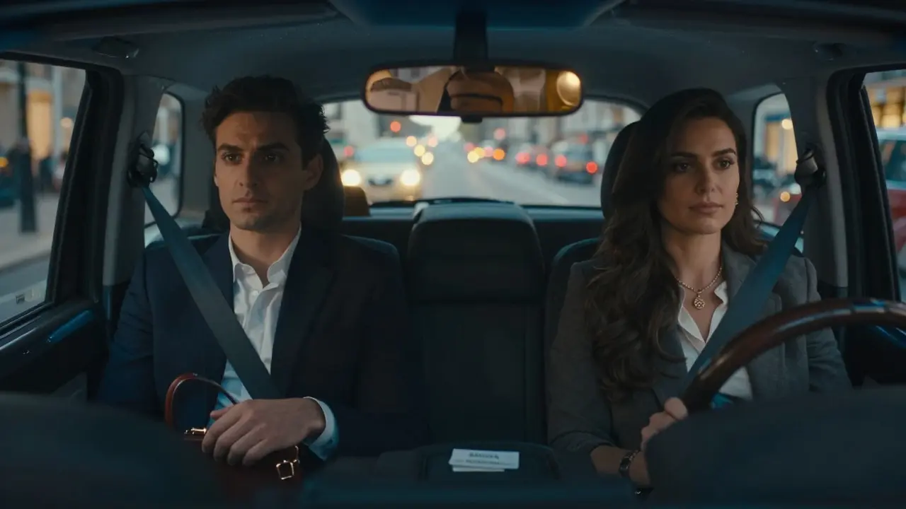 An escort and client in a London taxi at dusk, sitting respectfully apart, with city lights reflecting through the windows.