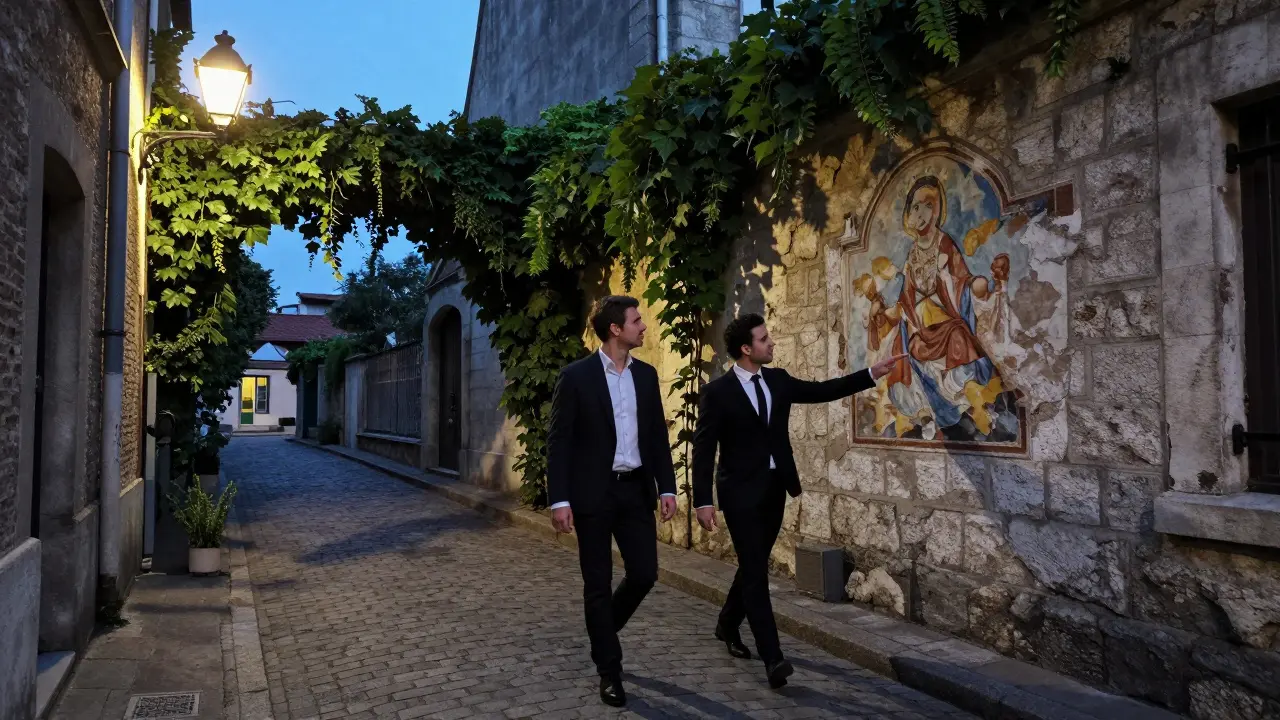 An escort showing a client a hidden fresco in Montmartre during a twilight walk.
