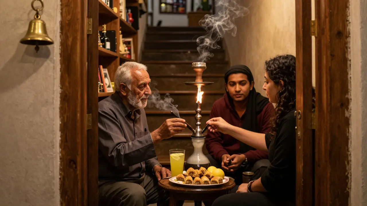 An intimate hidden shisha spot with a man offering tobacco samples, surrounded by fresh lemonade and baklava in soft lamplight.