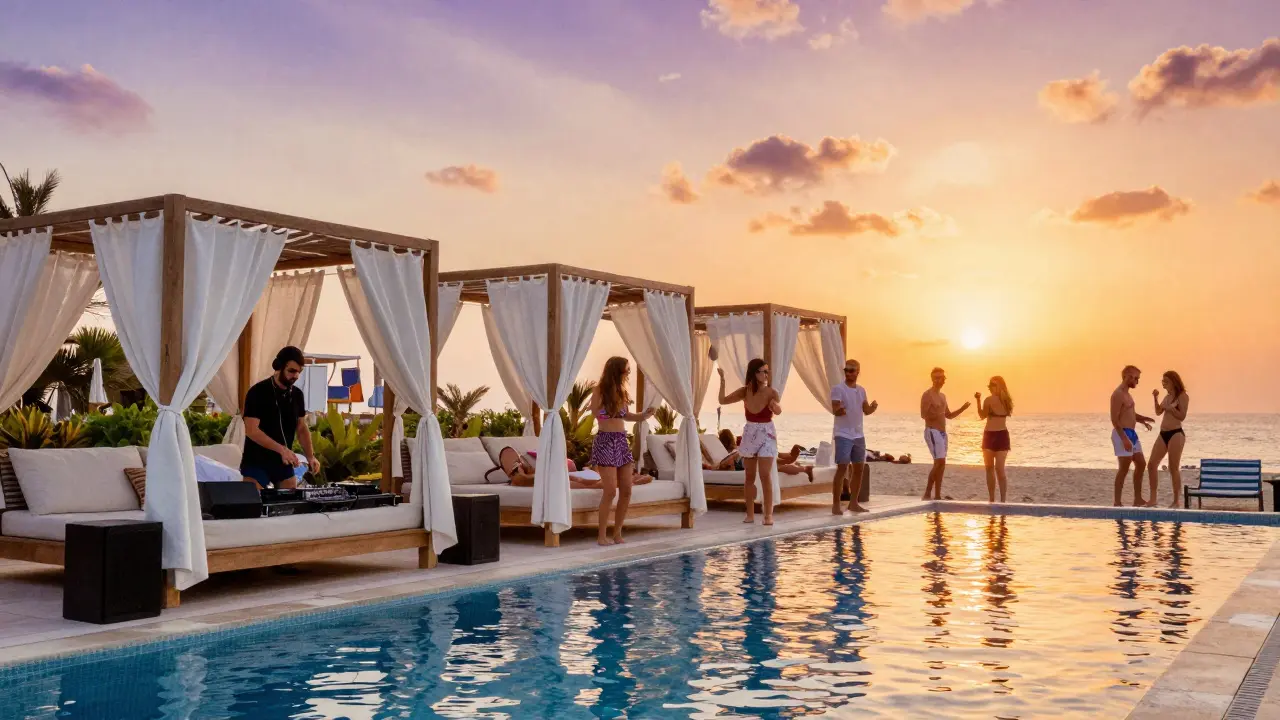 Beach Club poolside at sunset with DJs and cabanas overlooking Persian Gulf