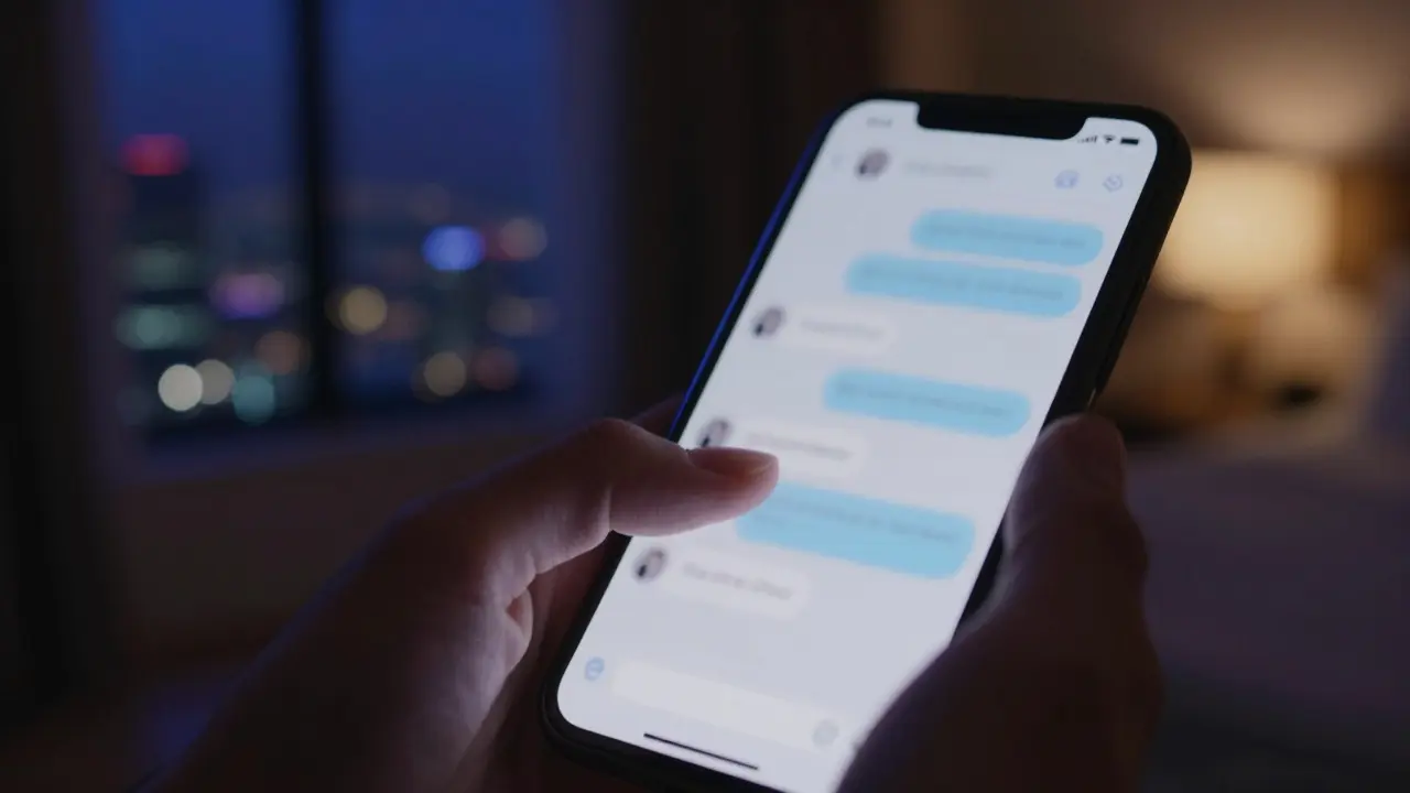 Blurred smartphone screen with hesitating hand in hotel room, Dubai skyline visible.