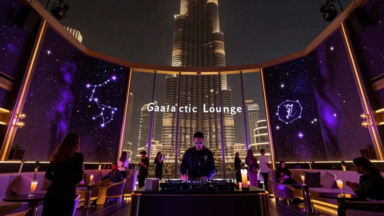 Burj Khalifa's Galactic Lounge with constellation cocktails and synthwave DJ