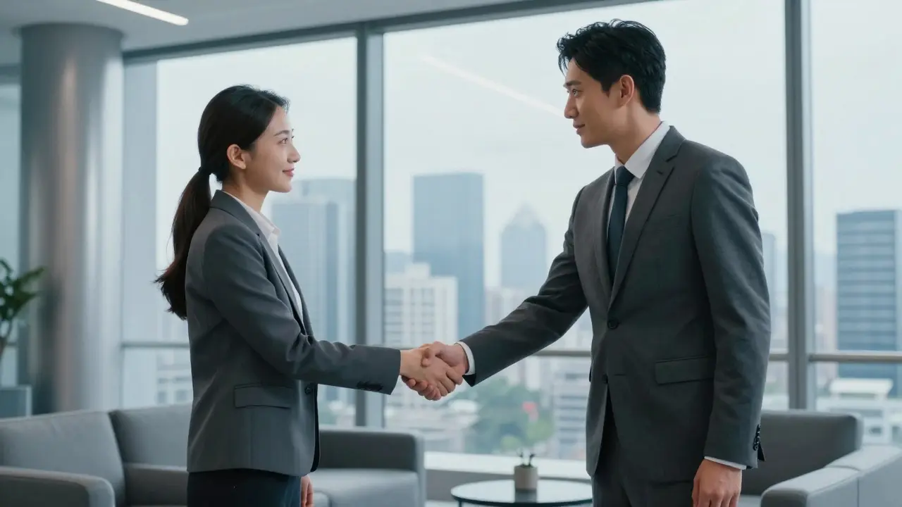 Business professionals shaking hands in a modern office lounge with city views.