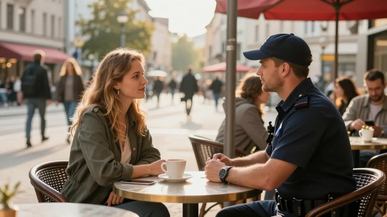 Client and escort meeting at Berlin café on Alexanderplatz.