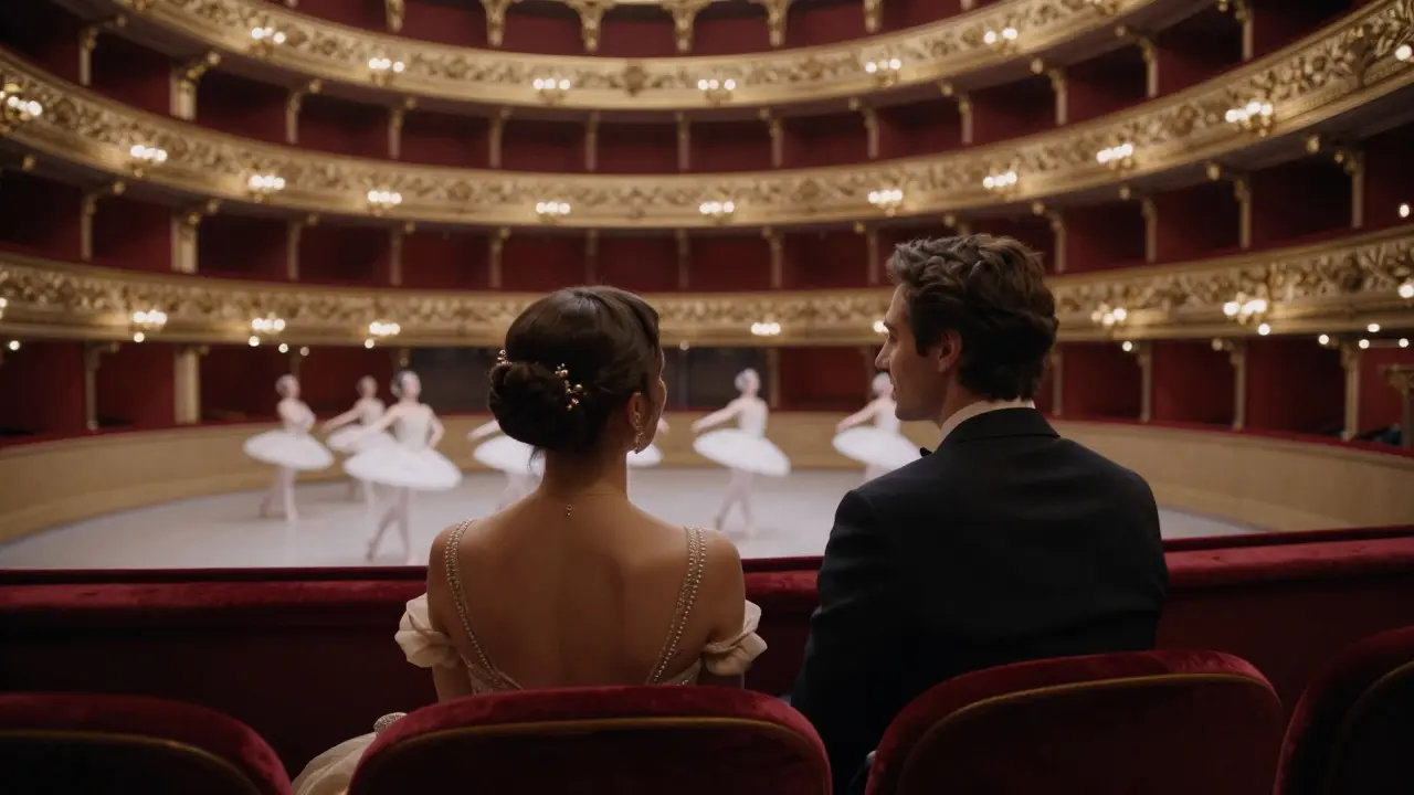 Couple watching a theater show in a sophisticated Parisian opera house.