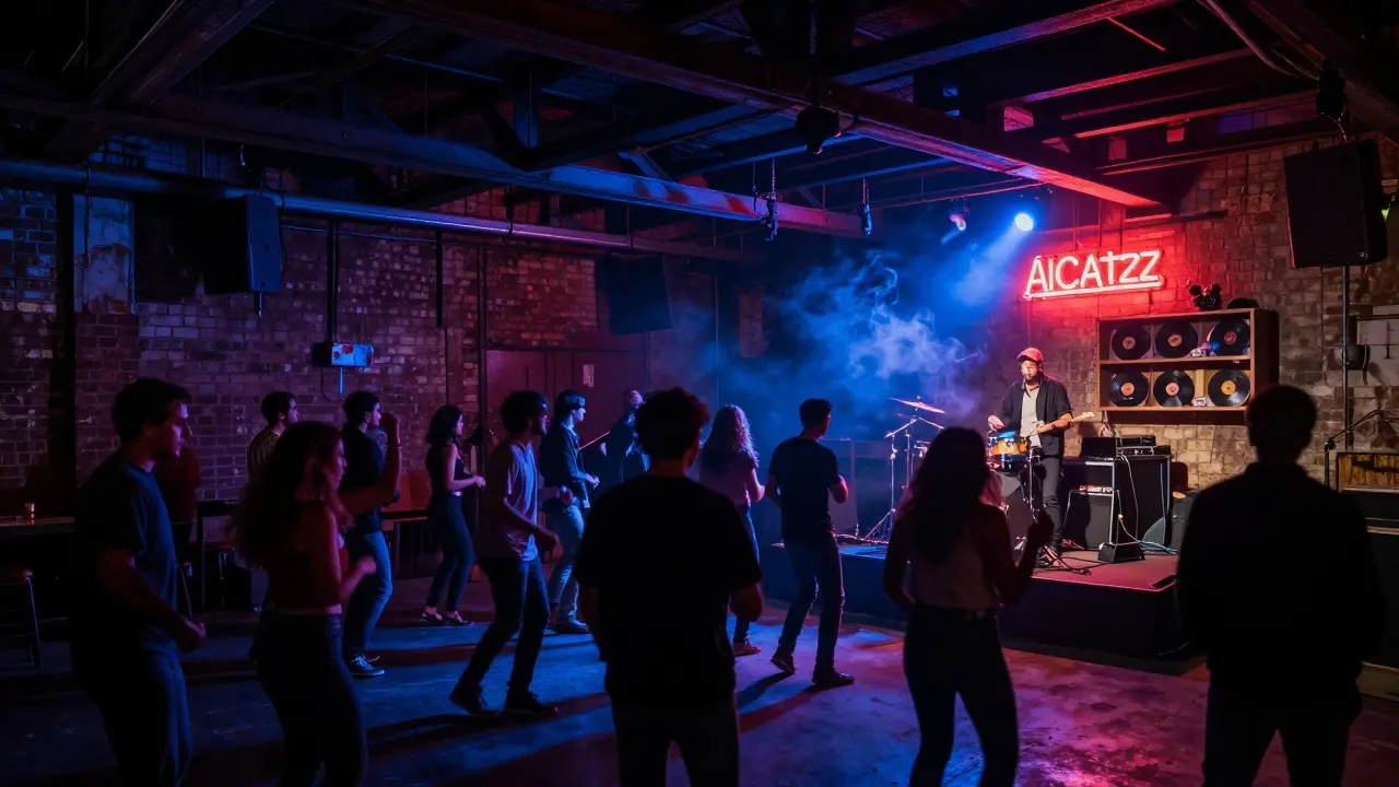 Crowd dancing in a dim, industrial nightclub with live music and moody colored lighting.