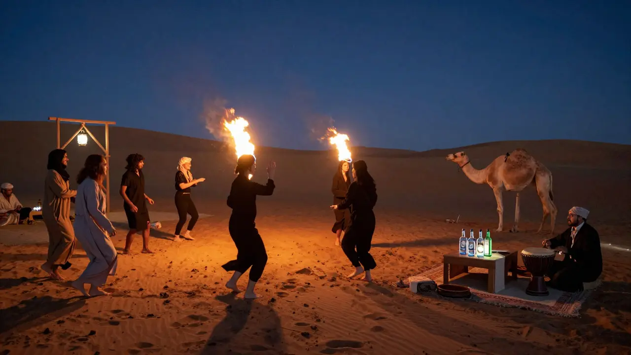 Desert party under stars with fire dancers, lanterns, and guests dancing on dunes beside a camel.