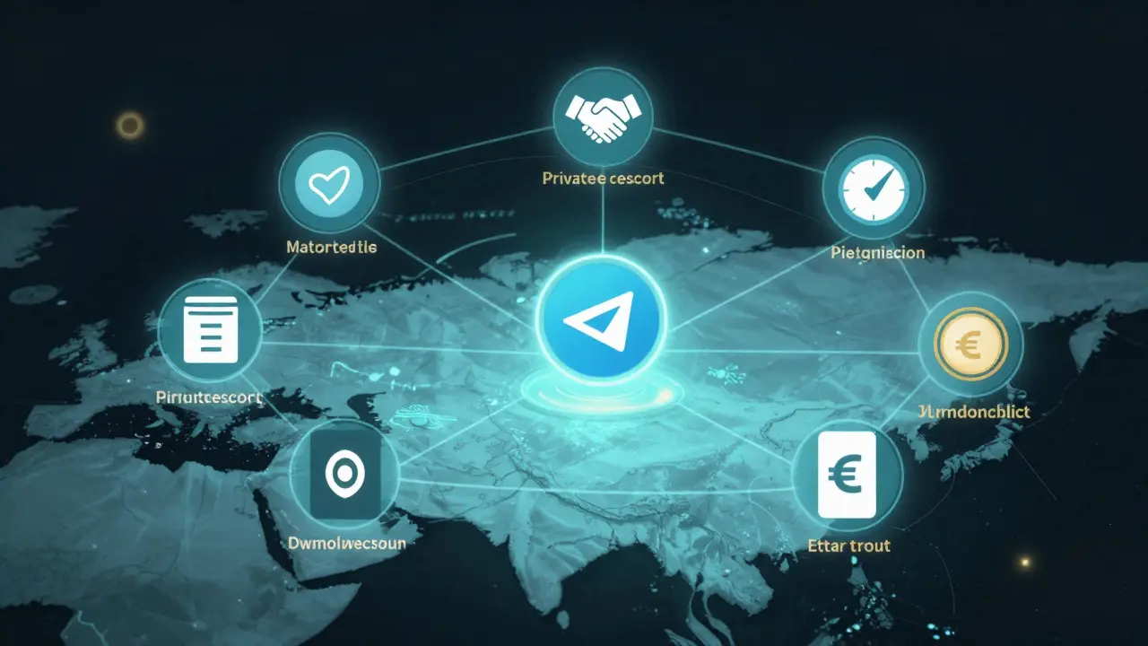 Digital network of private escort platforms connected over a map of Milan.