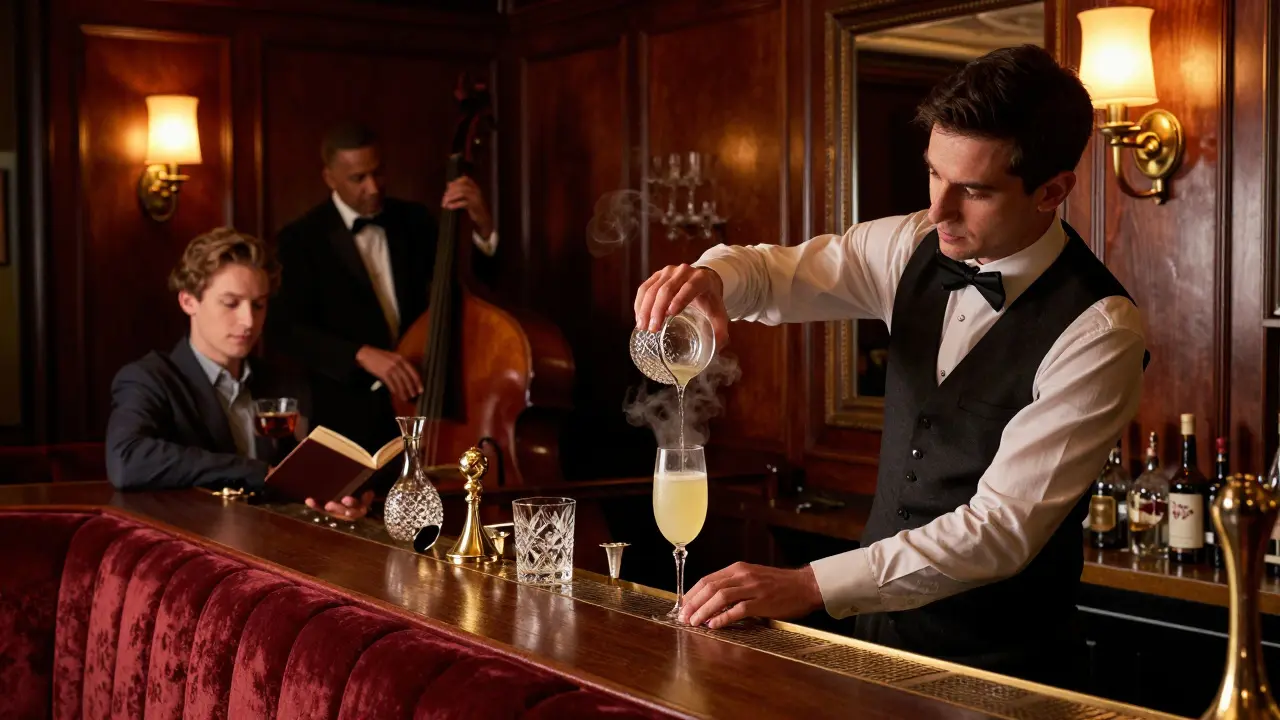 Elegant bar with a bartender crafting a cocktail under soft golden lighting