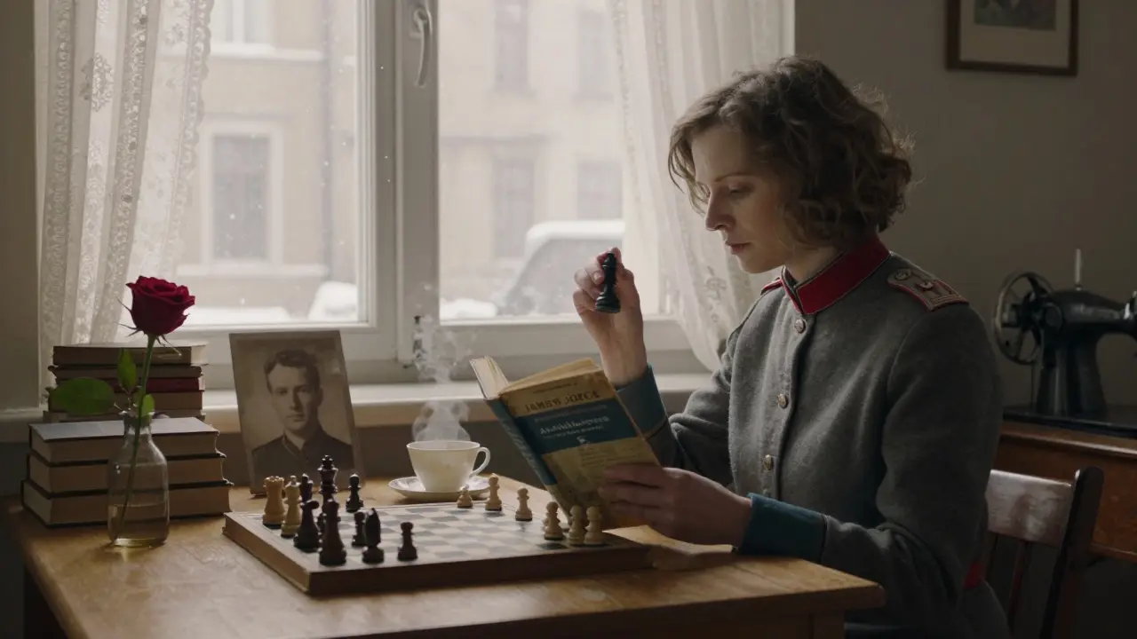 Elke Richter in her postwar apartment, holding Ulysses and a chess piece, snow falling outside the window.