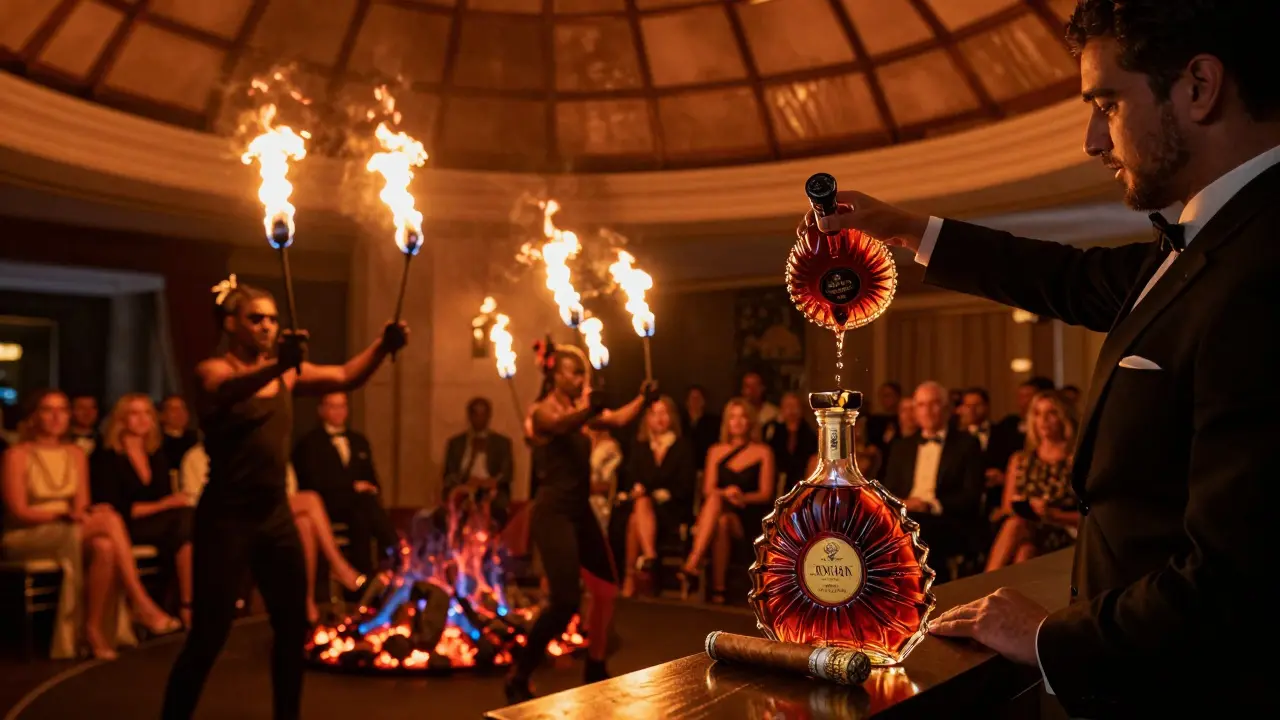 Flame dancers perform at Fuego nightclub as a bartender serves a luxury cognac bottle with a personalized cigar.