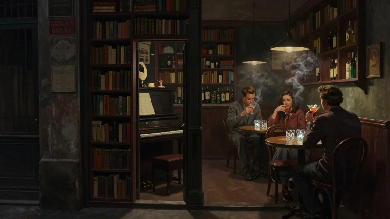 Hidden speakeasy behind a bookshelf, piano playing softly, patrons sipping cocktails under vintage lights in a smoky, intimate room.