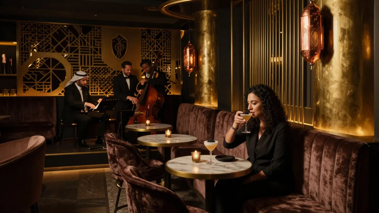 Intimate nightclub interior with jazz trio, velvet booths, and Middle Eastern decor in soft ambient lighting.