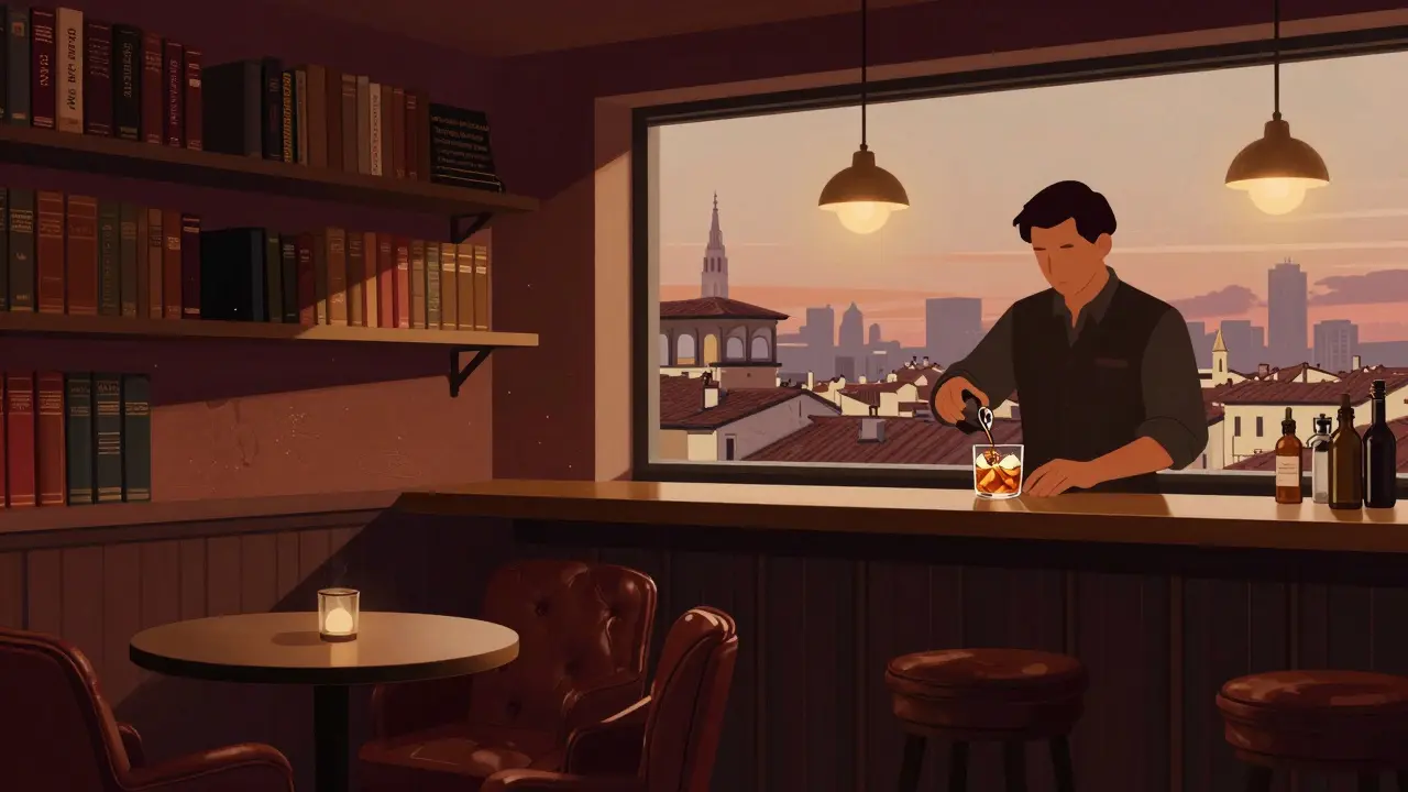 Intimate rooftop bar with vintage books and a bartender mixing a signature cocktail.