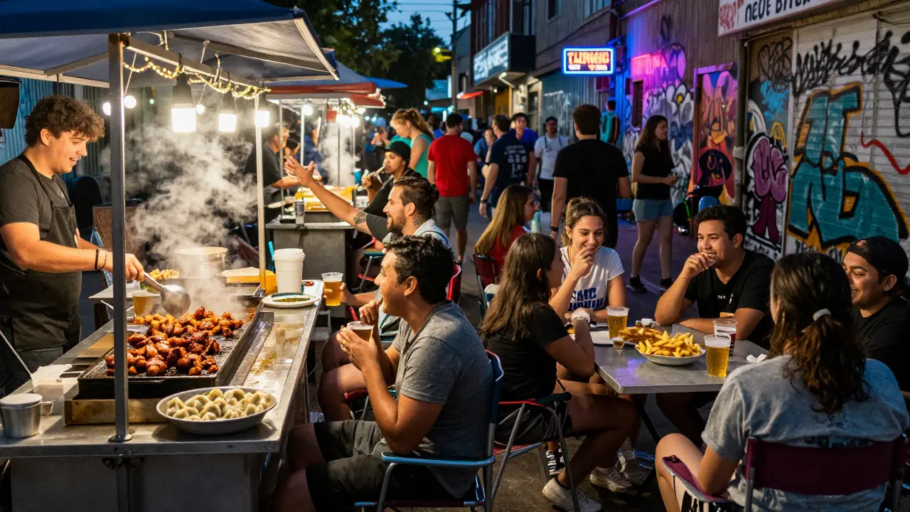 Late-night food street with stalls, people eating and laughing under string lights
