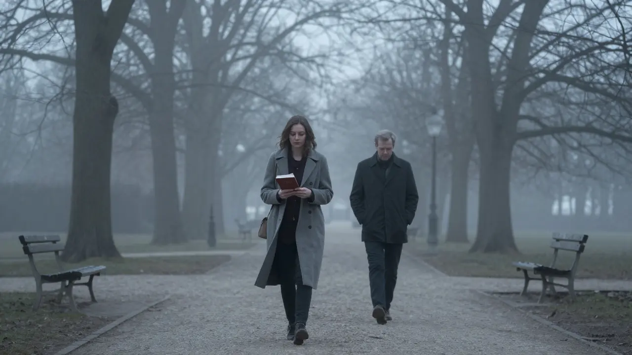 Marie Voss walking alone in Tiergarten at dawn, a quiet man following silently in the mist.