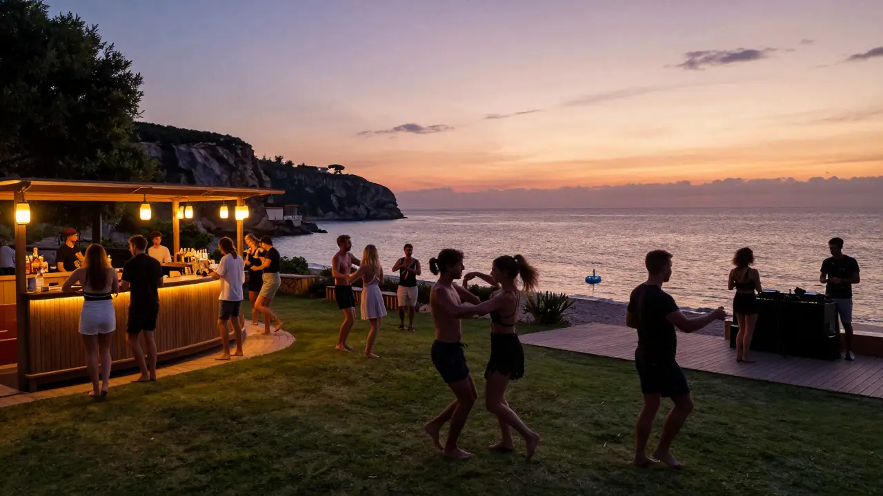 Outdoor bar at Blue Bay with guests dancing on grass as the Mediterranean sunset glows behind them, harbor lights twinkling below.