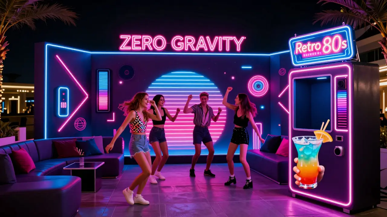 Retro 80s neon-lit lounge with synth-pop dancing and photo booth