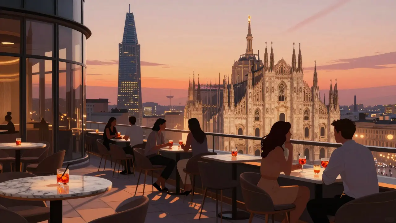 Rooftop bar overlooking the illuminated Duomo at sunset, guests sipping drinks as the city glows in golden hour light.
