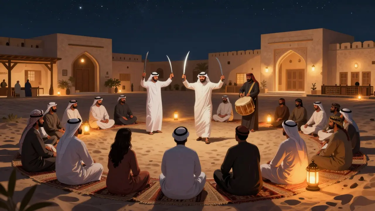 Traditional Emirati al-ardha performance under starlit tents, with locals and visitors listening respectfully.