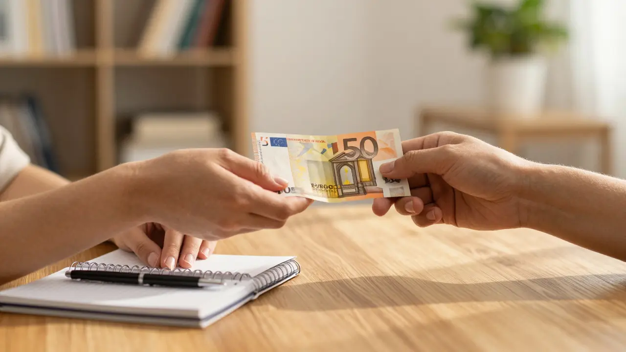 Two hands exchanging payment and a notebook, representing trust and respect in a discreet encounter.