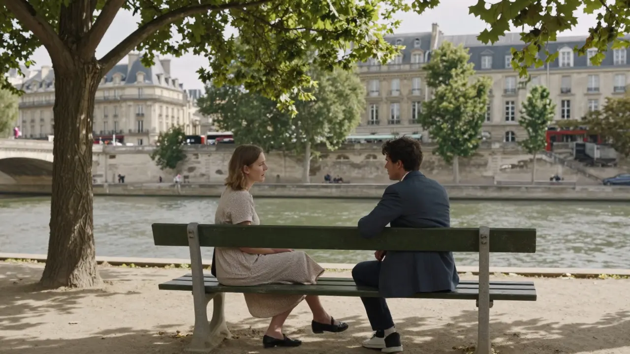 Two individuals conversing in a tranquil Parisian park setting.