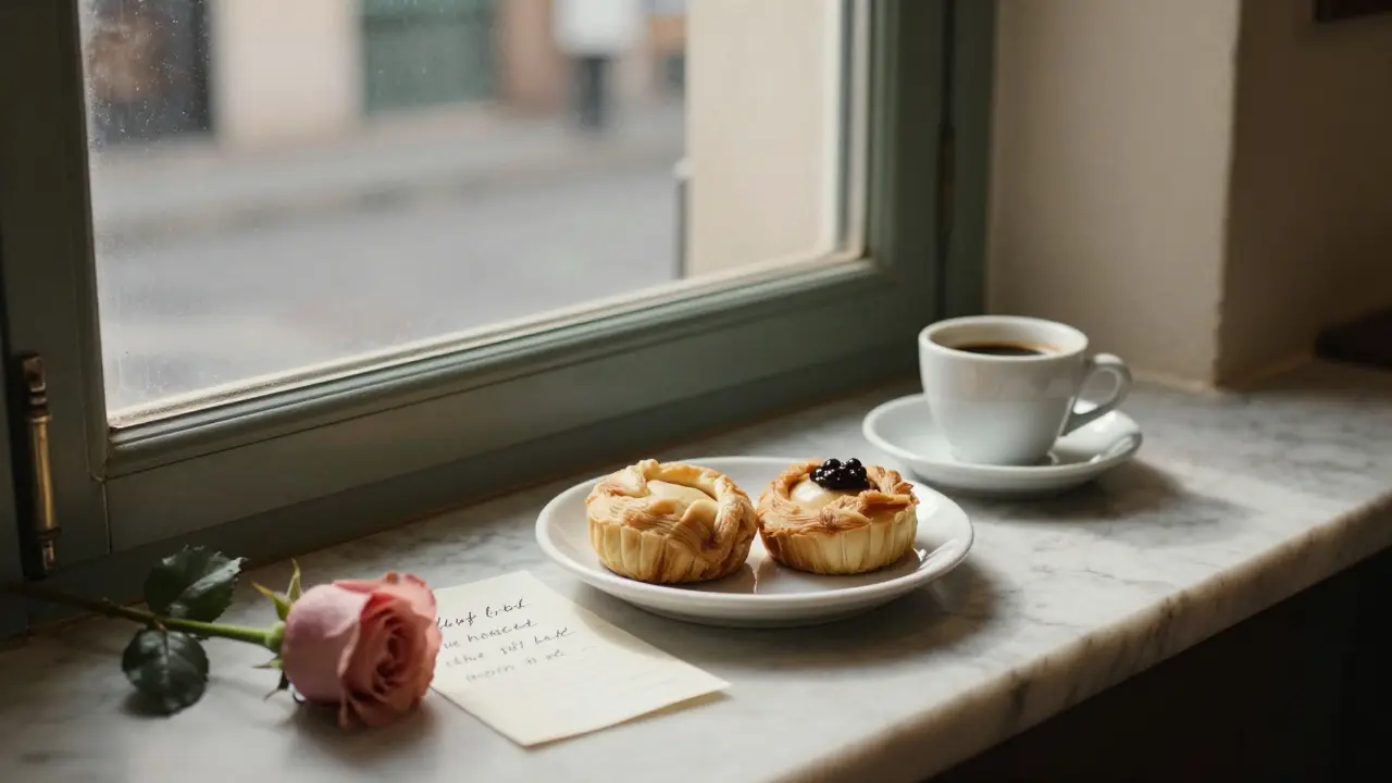 Two pastries and a handwritten note rest on a bakery counter, implying a meaningful, unspoken connection.