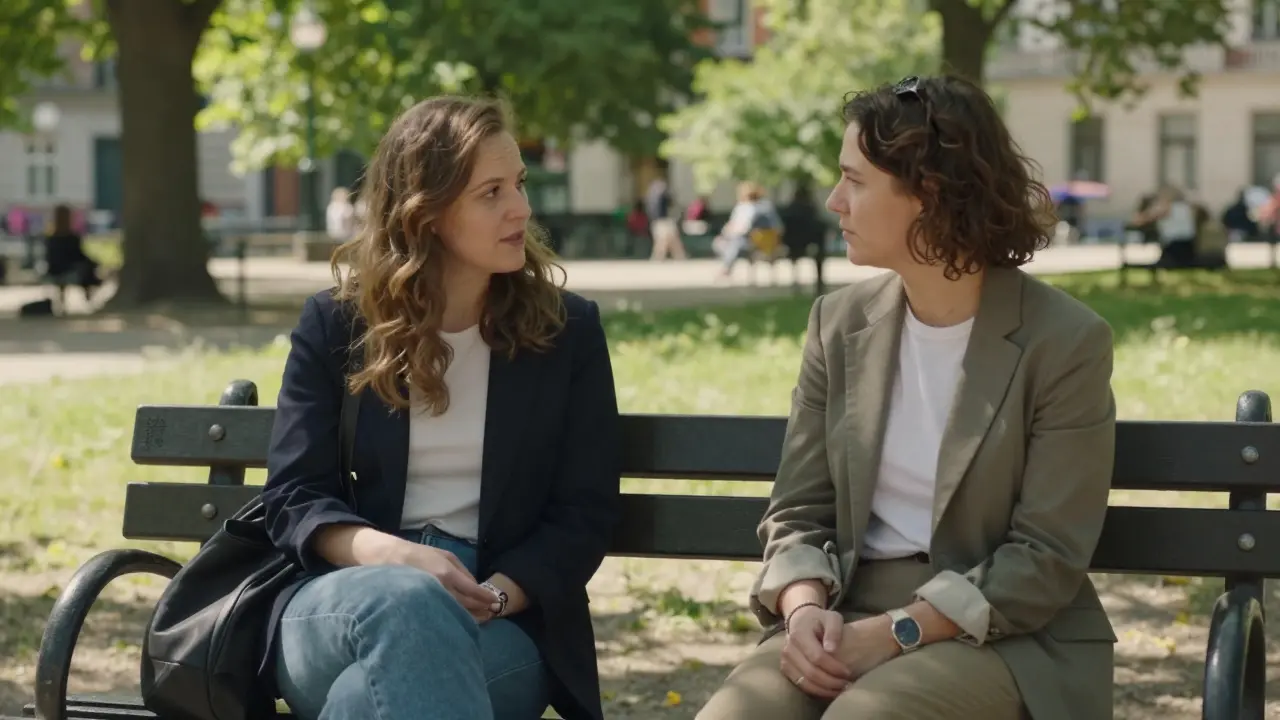 Two people conversing in a sunny public park setting.