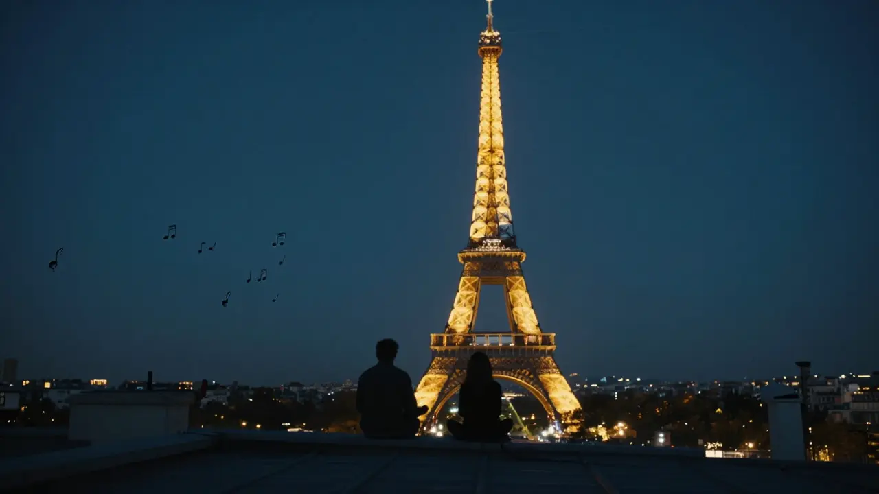 Two people on a silent rooftop at midnight, the Eiffel Tower sparkling in the distance, no crowds, city lights below.