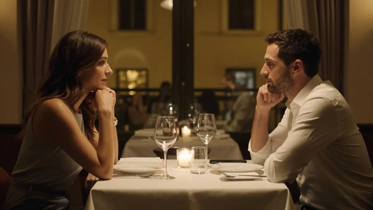 Two people share a private dinner in a Milan restaurant, candlelight reflecting off fine tableware in a serene, respectful setting.