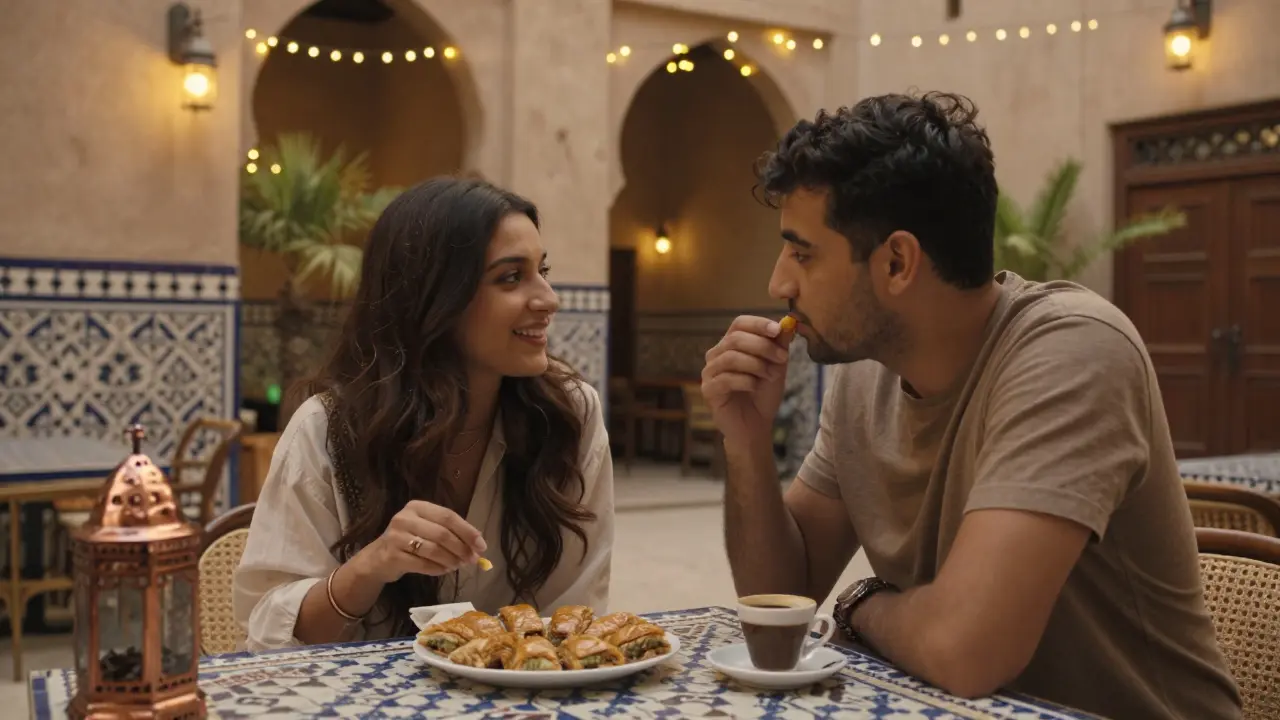 Two people sharing baklava in a cozy hidden café in Al Fahidi, lit by warm lantern light.