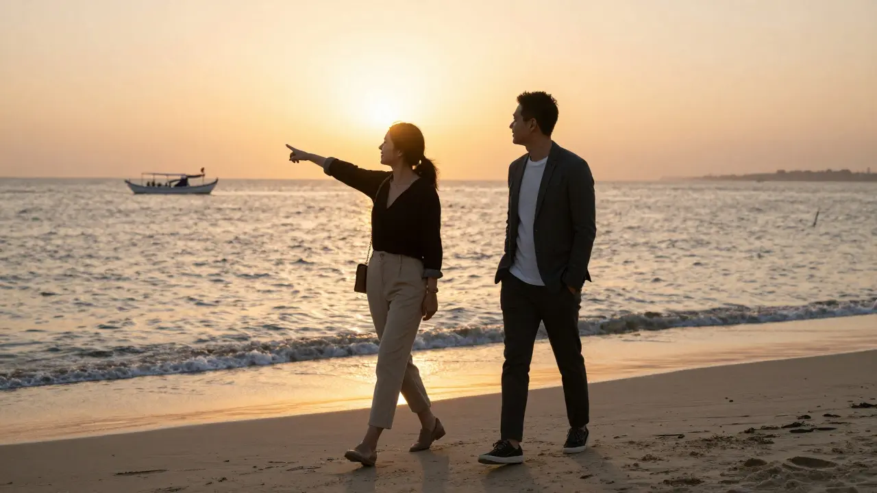 Two people walking barefoot along Jumeirah Beach at sunset, sharing a peaceful, authentic moment with the ocean behind them.
