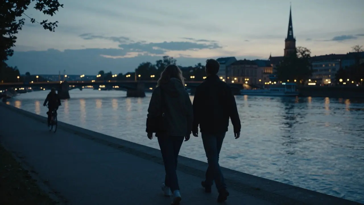 Two people walking side by side along the Spree River at dusk, city lights reflecting on water, a calm and respectful atmosphere.