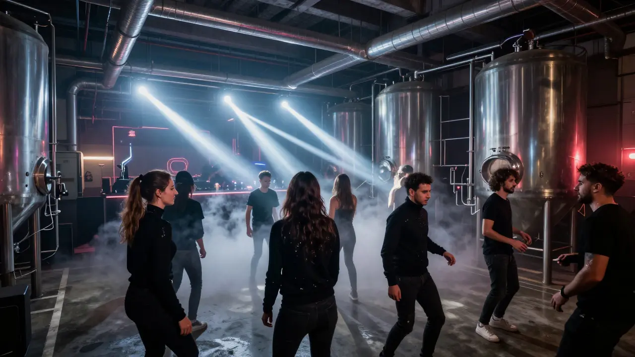 Underground techno club in a repurposed brewery with strobe-lit dancers.