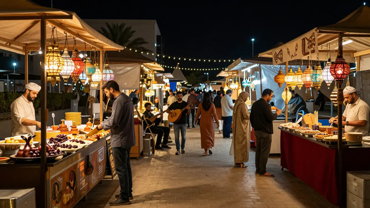 Vibrant night market with food stalls, lanterns, and live oud music under string lights.